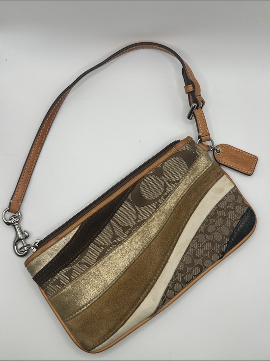 Coach Handbags - Coach Metallic Gold Tan and Brown Signature Stripe Wristlet